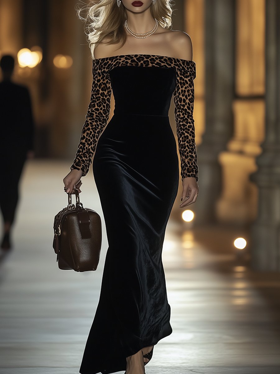 銆�24-hour shipping銆慠etro Elegant High-End One-Shoulder Leopard Print Velvet Dress
