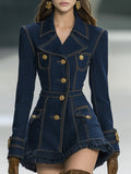 銆�24-hour shipping out銆慍lassic and Playful Large Lapel Ruffled Hem Waist Denim Mini Dress