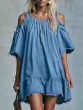 Fashionable And Casual Blue Denim Hollow Shoulder Short Sleeve Mini Dress