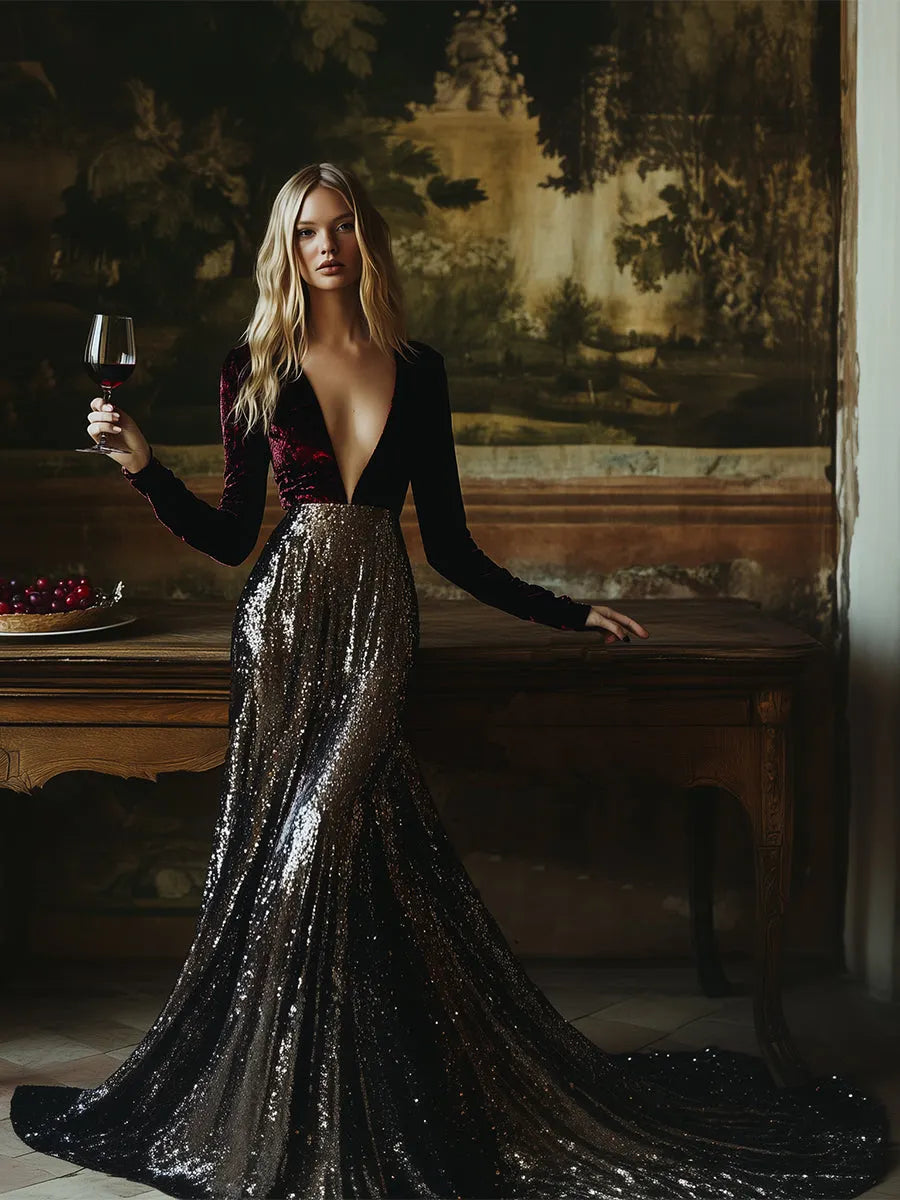 銆�24-hour shipping out銆慥-Neck Stylish Elegant Solid Color Velvet Sequined Long Maxi Dress