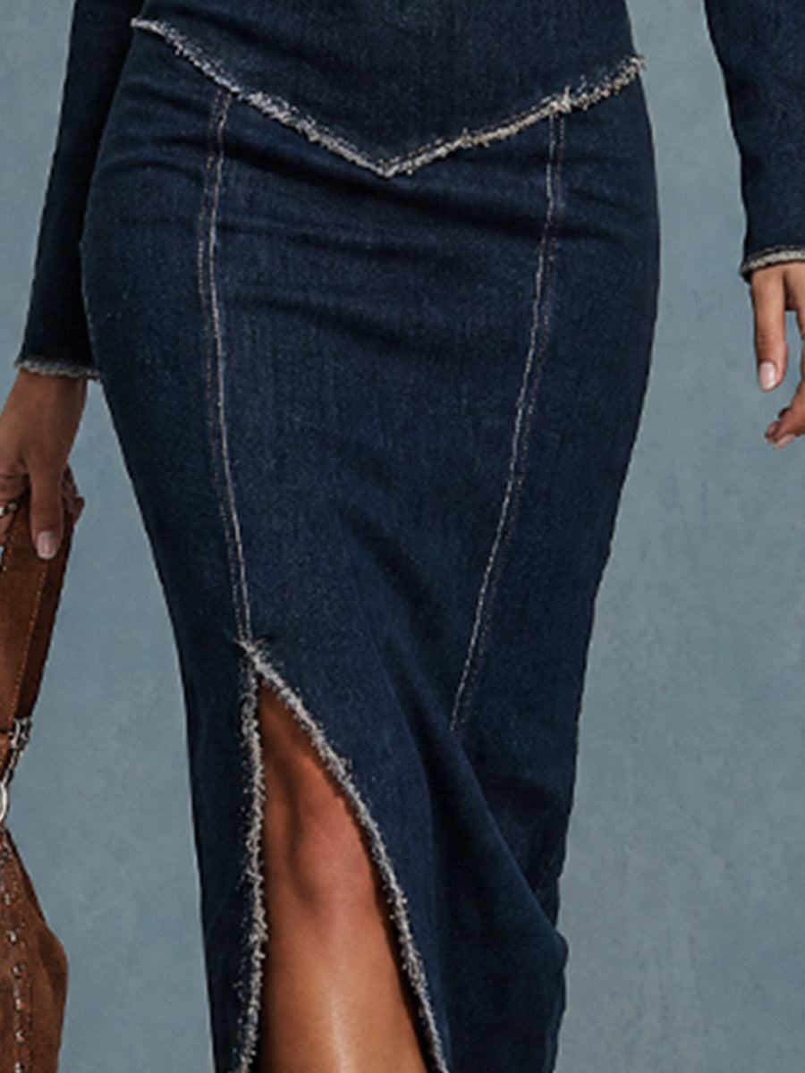 Elegant Vintage-style Collar Dark Blue Raw-edge Denim Midi Dress