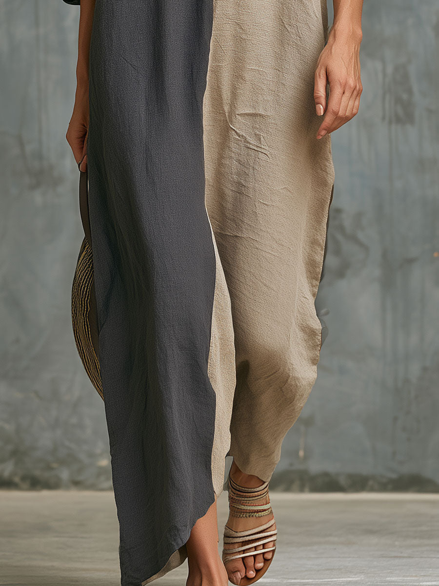 Casual Retro Gray Color-blocked Hooded V-neck Cotton Linen Maxi Dress