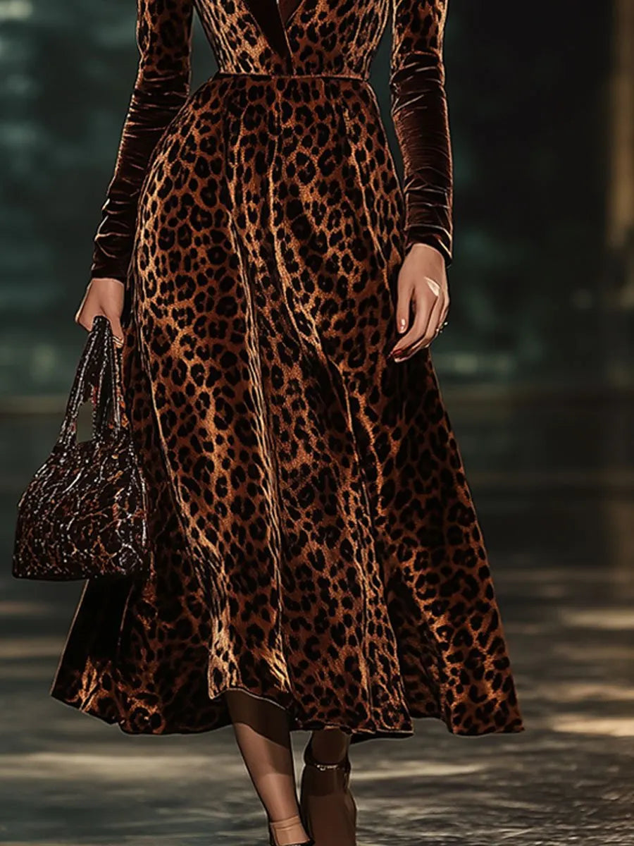 銆�24-hour shipping out銆慙apel Fashion Party Leopard Print Velvet Long Sleeve Midi Dress