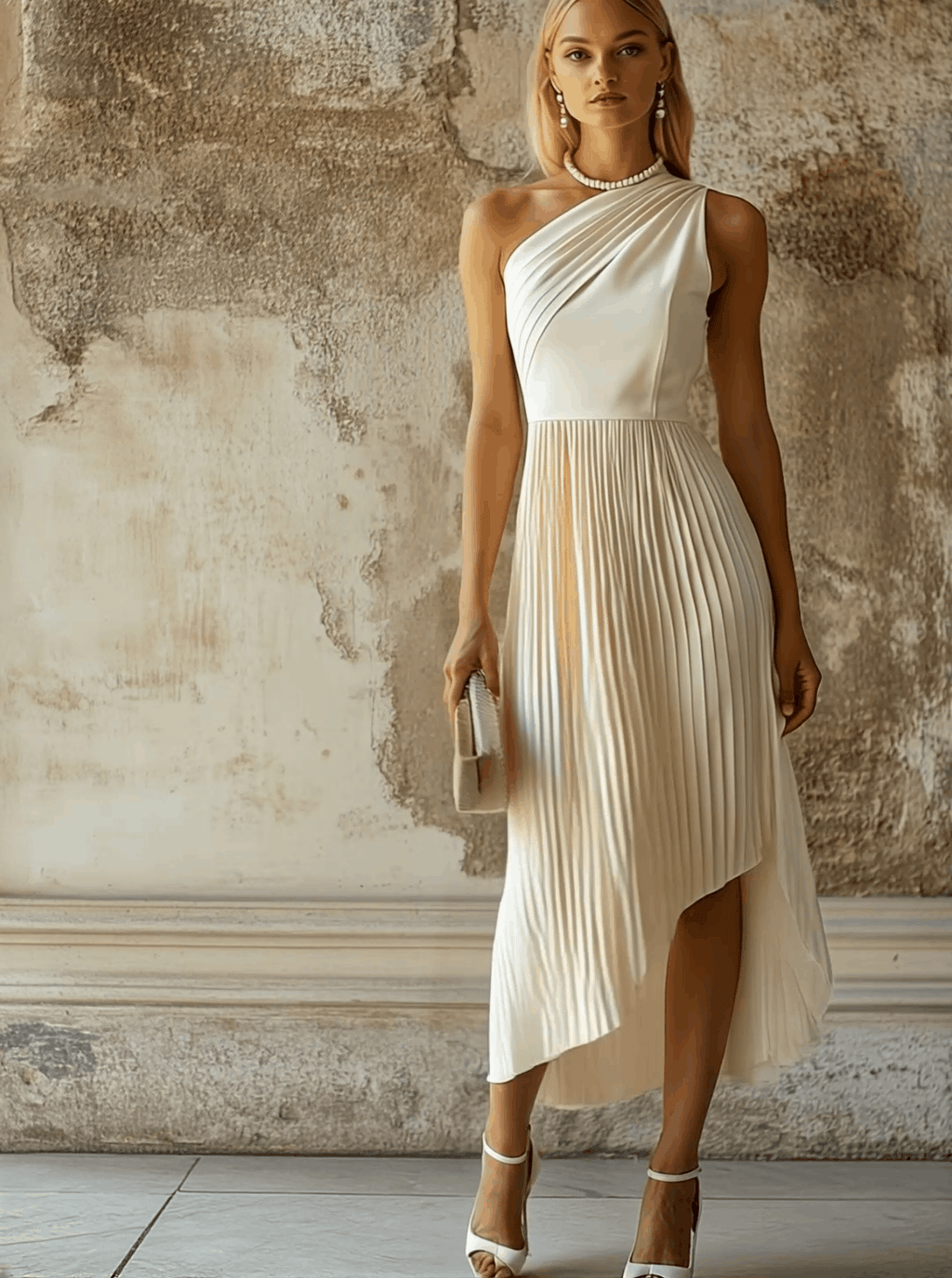 銆�24-hour shipping out銆慐legant High-end Evening Gown White Pleated Sleeveless Midi Dress