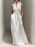 Women's Minimalist Cotton And Linen Blend V-neck Belted Sleeveless Maxi Dress b620