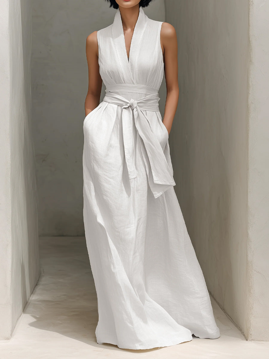 Women's Minimalist Cotton And Linen Blend V-neck Belted Sleeveless Maxi Dress b620