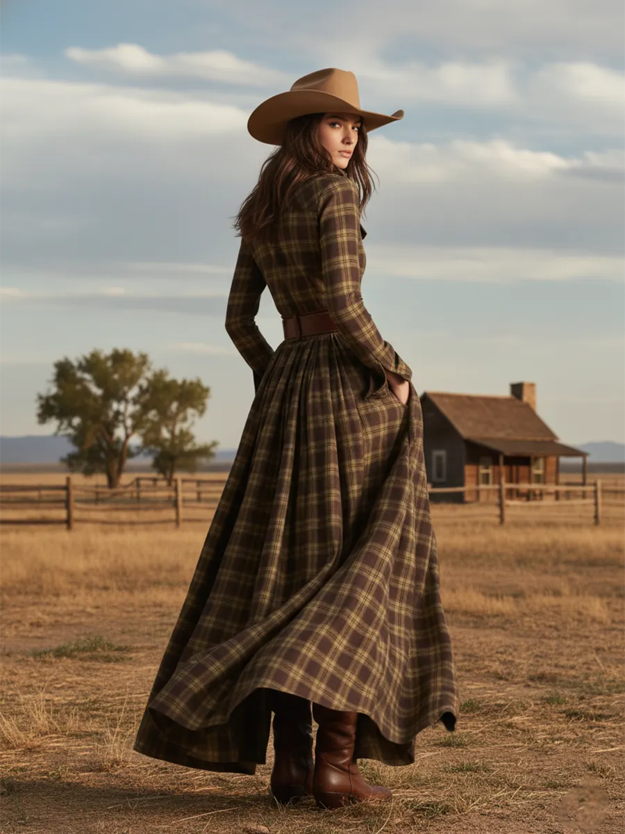 Retro Ethnic Style Lapel Reddish Brown Plaid Maxi Dress