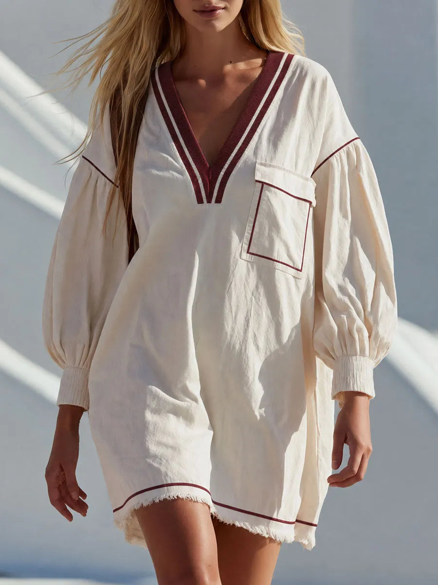 Casual Retro Color-blocked Trim White V-neck Long-sleeved Pure Cotton Mini Dress