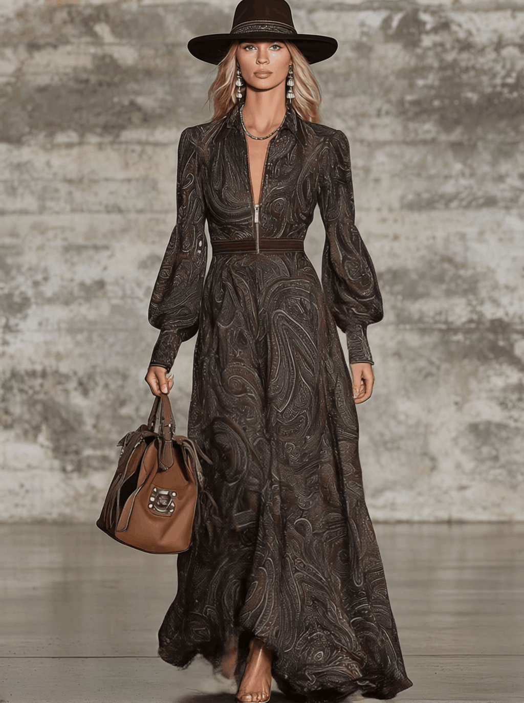 Fashion Retro Paisley Pattern Zipper Maxi Dress