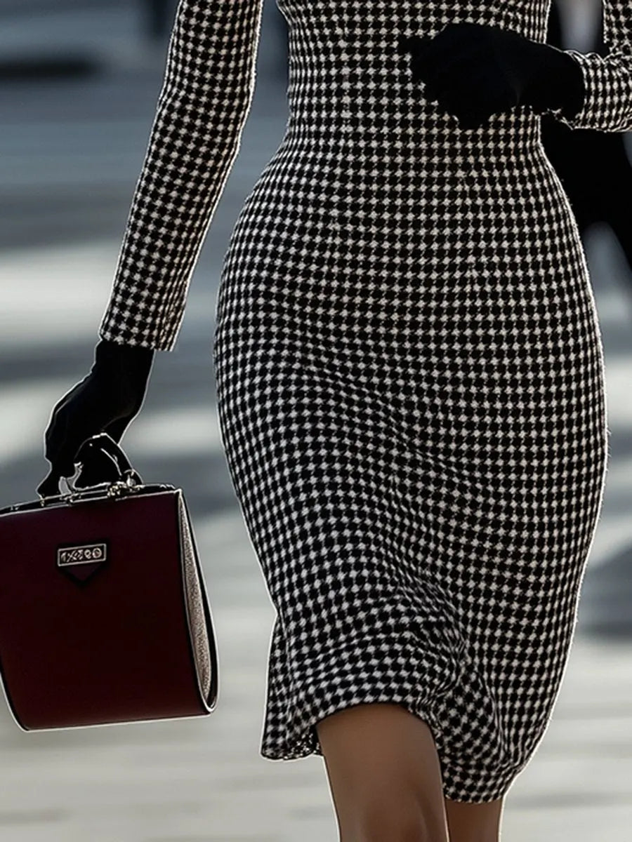 銆�24-hour shipping out銆慠etro Elegant High-End Round Neck Houndstooth Dress