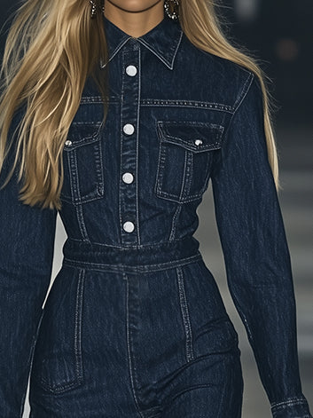 銆�24-hour shipping out銆慍asual Slim Fit Vintage Lace-up Long Sleeve Denim Maxi Dress