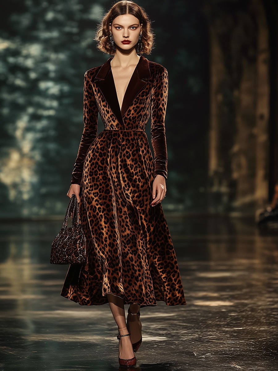 銆�24-hour shipping out銆慙apel Fashion Party Leopard Print Velvet Long Sleeve Midi Dress