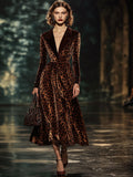 銆�24-hour shipping out銆慙apel Fashion Party Leopard Print Velvet Long Sleeve Midi Dress