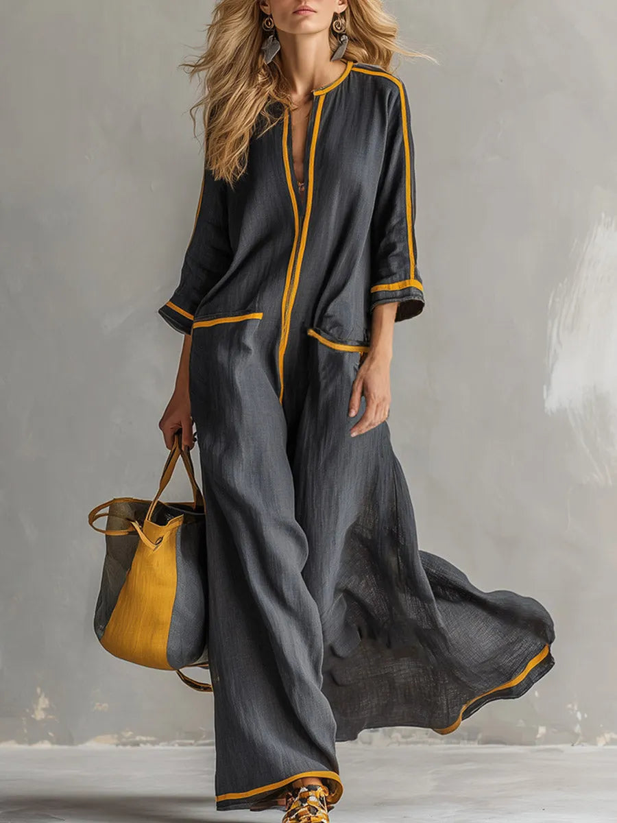Elegant Urban-Style Trimmed Grey Cotton-Linen Maxi Dress