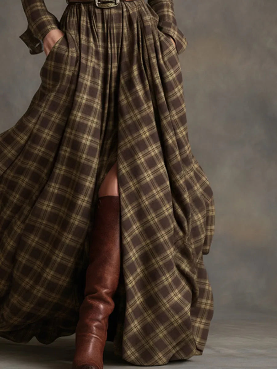 Retro Ethnic Style Lapel Reddish Brown Plaid Maxi Dress