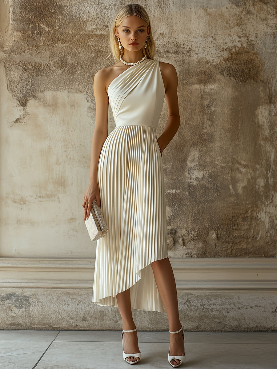 銆�24-hour shipping out銆慐legant High-end Evening Gown White Pleated Sleeveless Midi Dress