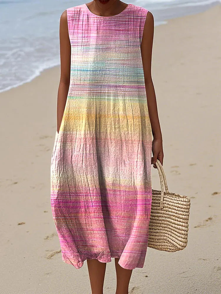 Women's Vintage Gradient In Cancer Awareness Ribbon Art Pattern Print Sleeveless Cotton Wrap Dress