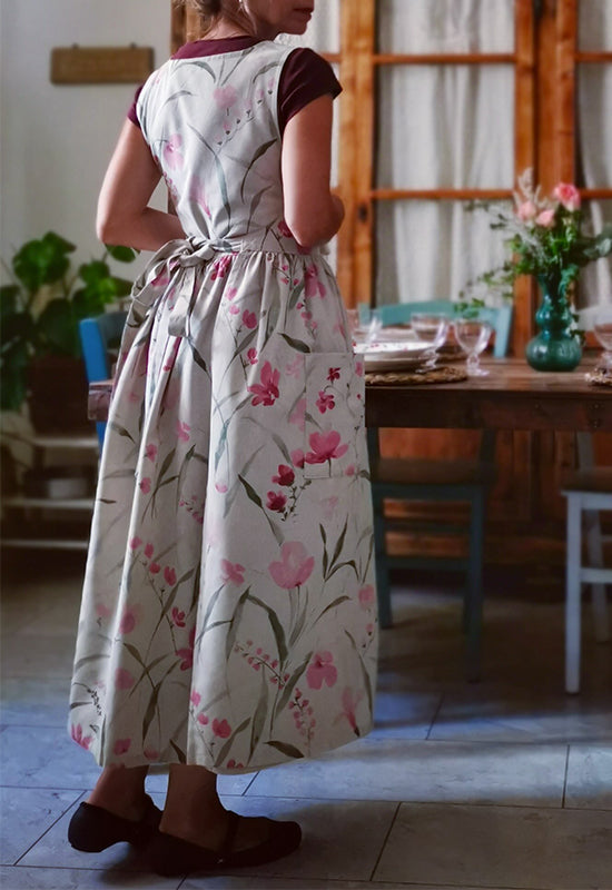Watercolor Floral Square-Neck Apron with Pockets