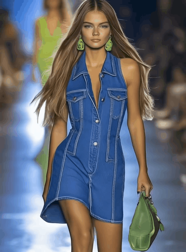 銆�24-hour shipping out銆慞remium Denim V-Neck Zipper Mini Dress