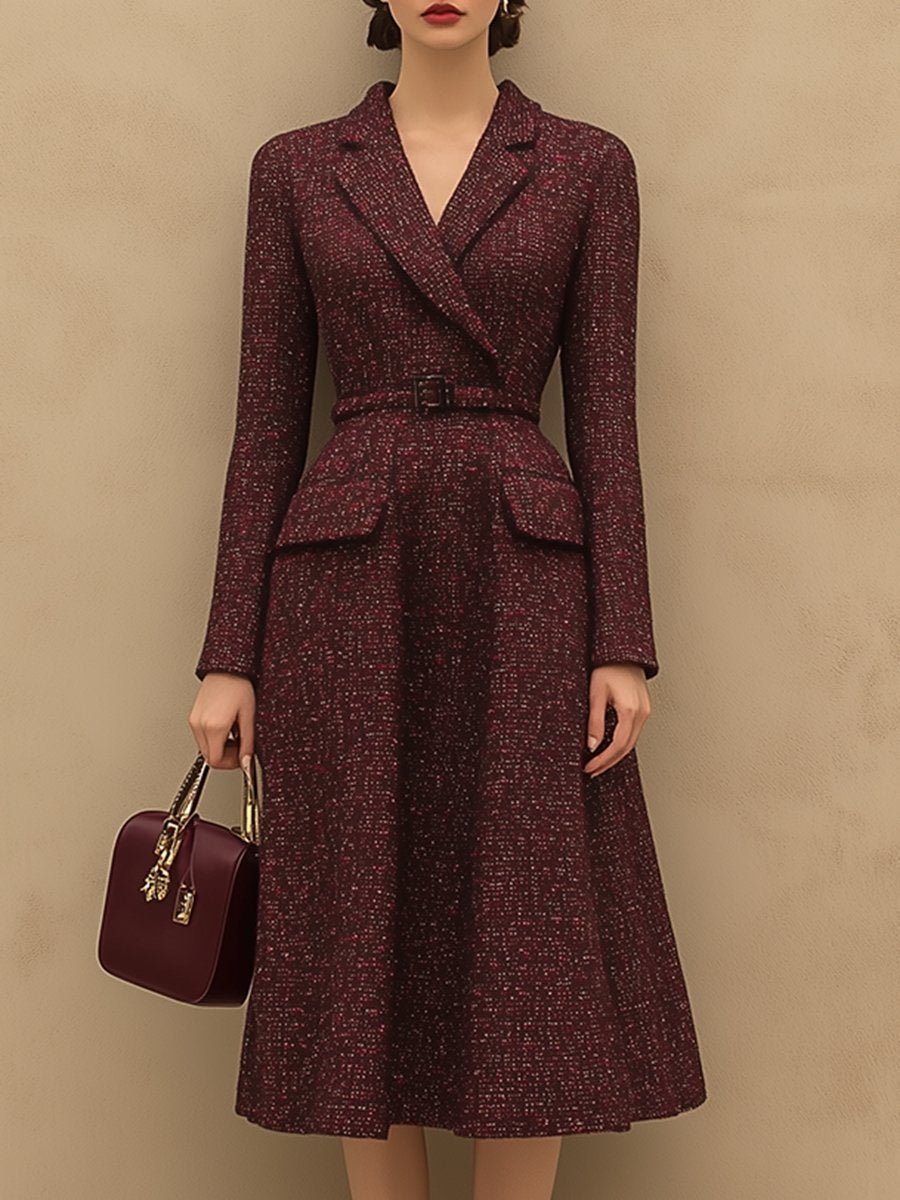 銆�24-hour shipping out銆慥intage Elegant Ankola Red Tweed Lapel Dress