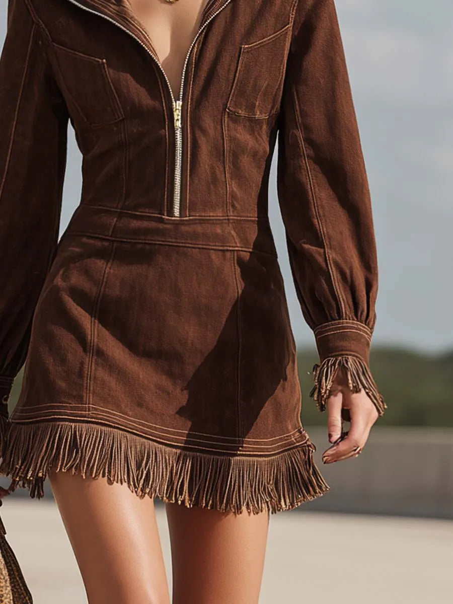 Women Denim Fringe Zip Front Fringe Mini Dress Western Chic Style