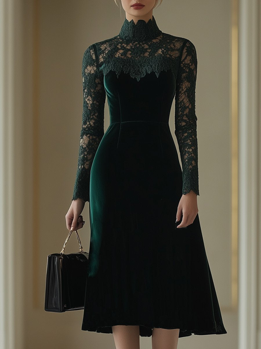銆�24-hour shipping out銆慐legant Retro Velvet Stitching Lace High Collar Long Sleeve Midi Dress