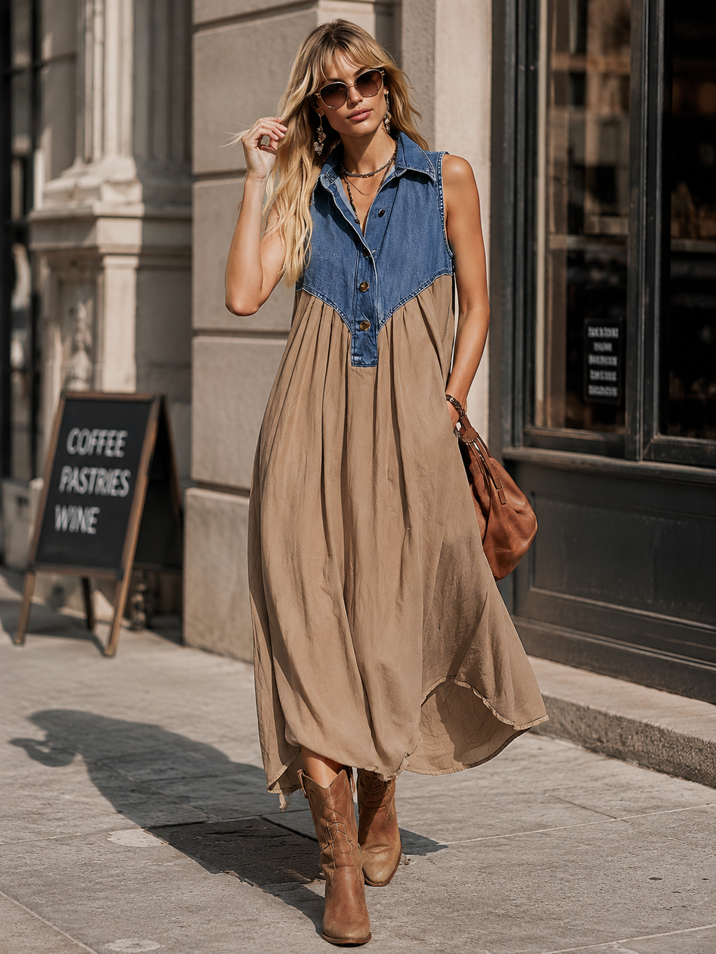 Elegant Urban Blue Denim Patchwork Khaki Cotton Maxi Dress