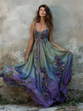 Vintage Floral Embroidered Purple Gradient Flowy Linen Maxi Dress