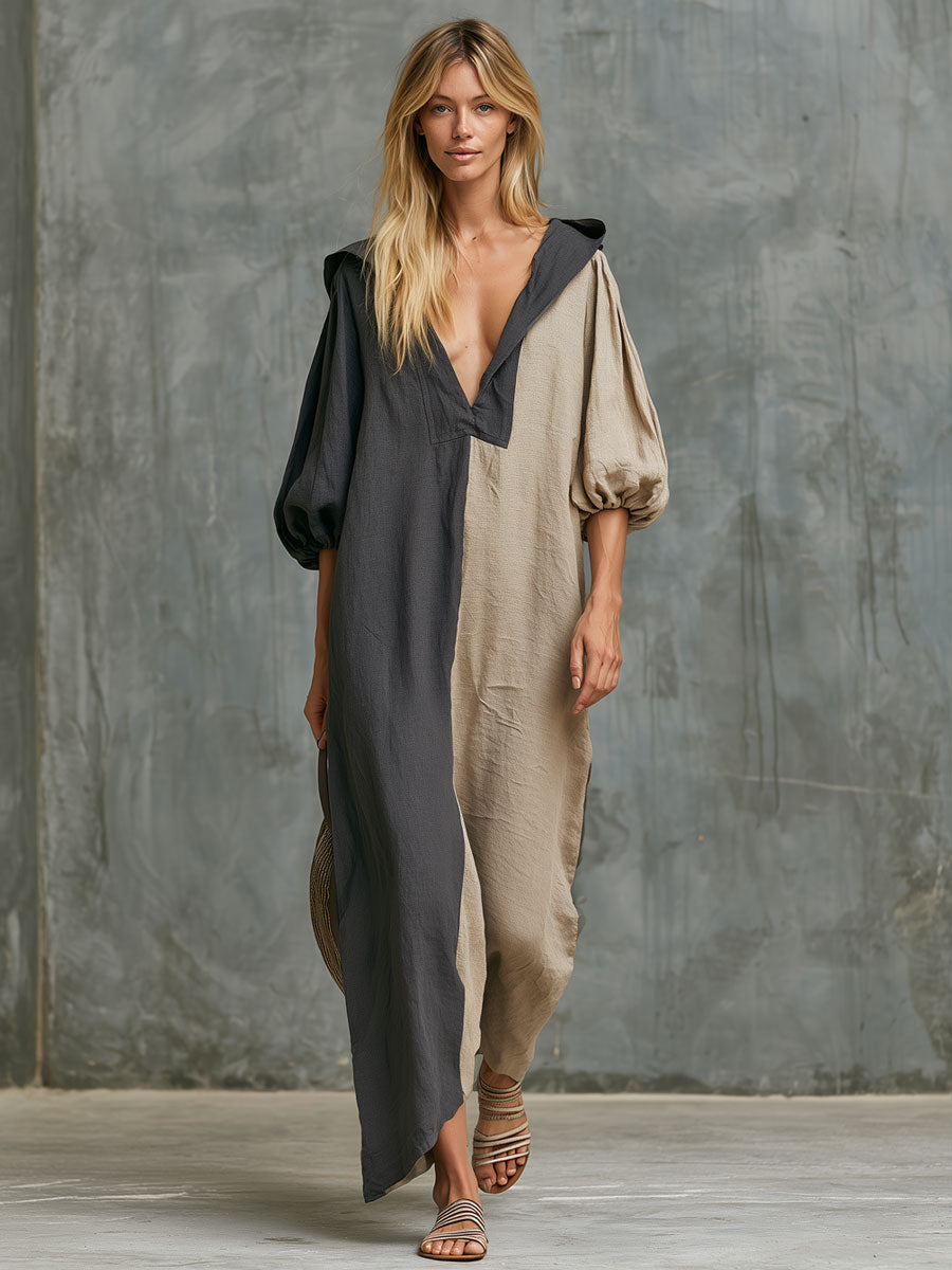 Casual Retro Gray Color-blocked Hooded V-neck Cotton Linen Maxi Dress