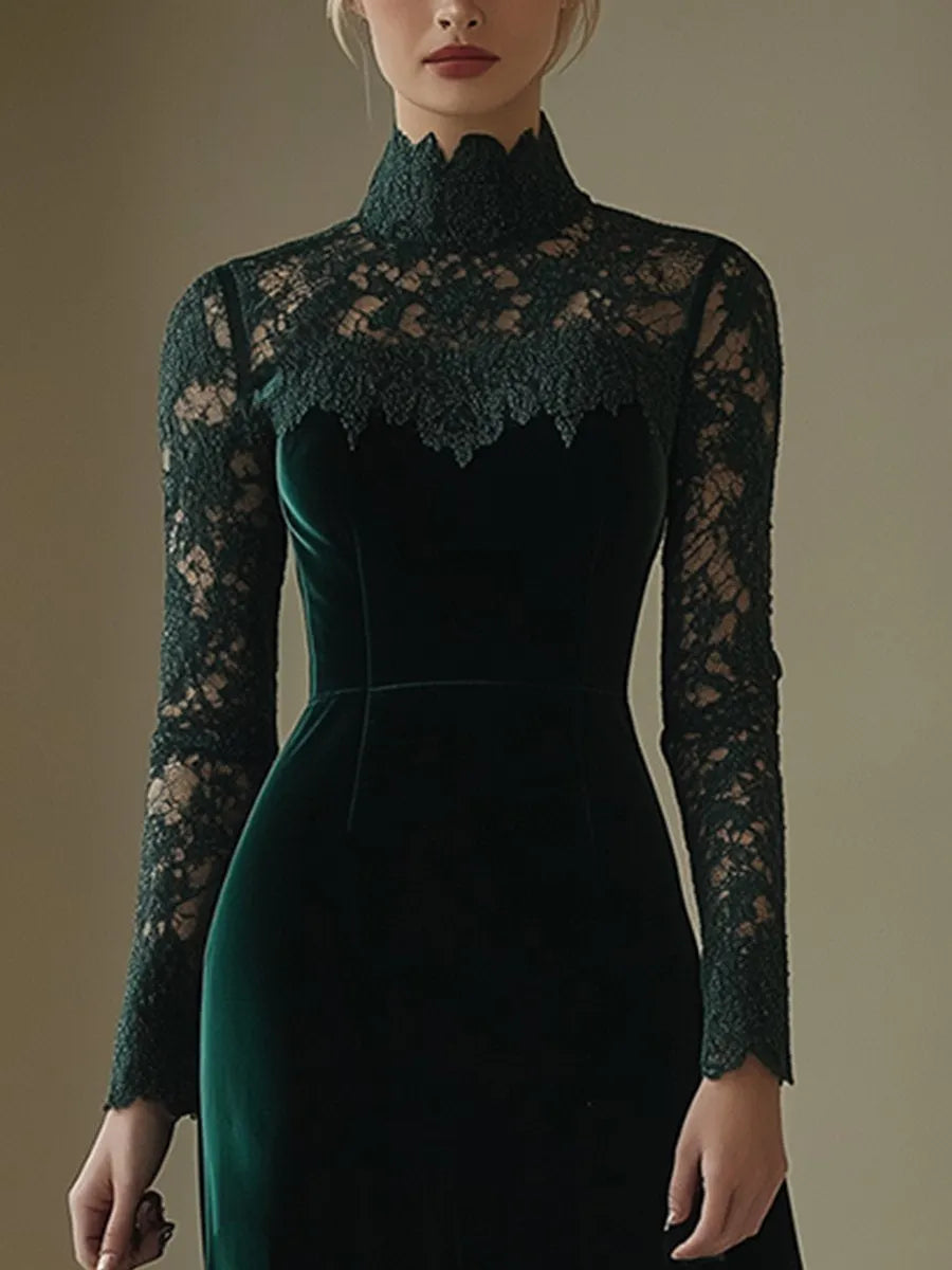 銆�24-hour shipping out銆慐legant Retro Velvet Stitching Lace High Collar Long Sleeve Midi Dress