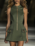 銆�24-hour shipping out銆慍asual Fashion Half Zip Cargo Pocket Sleeveless Mini Dress