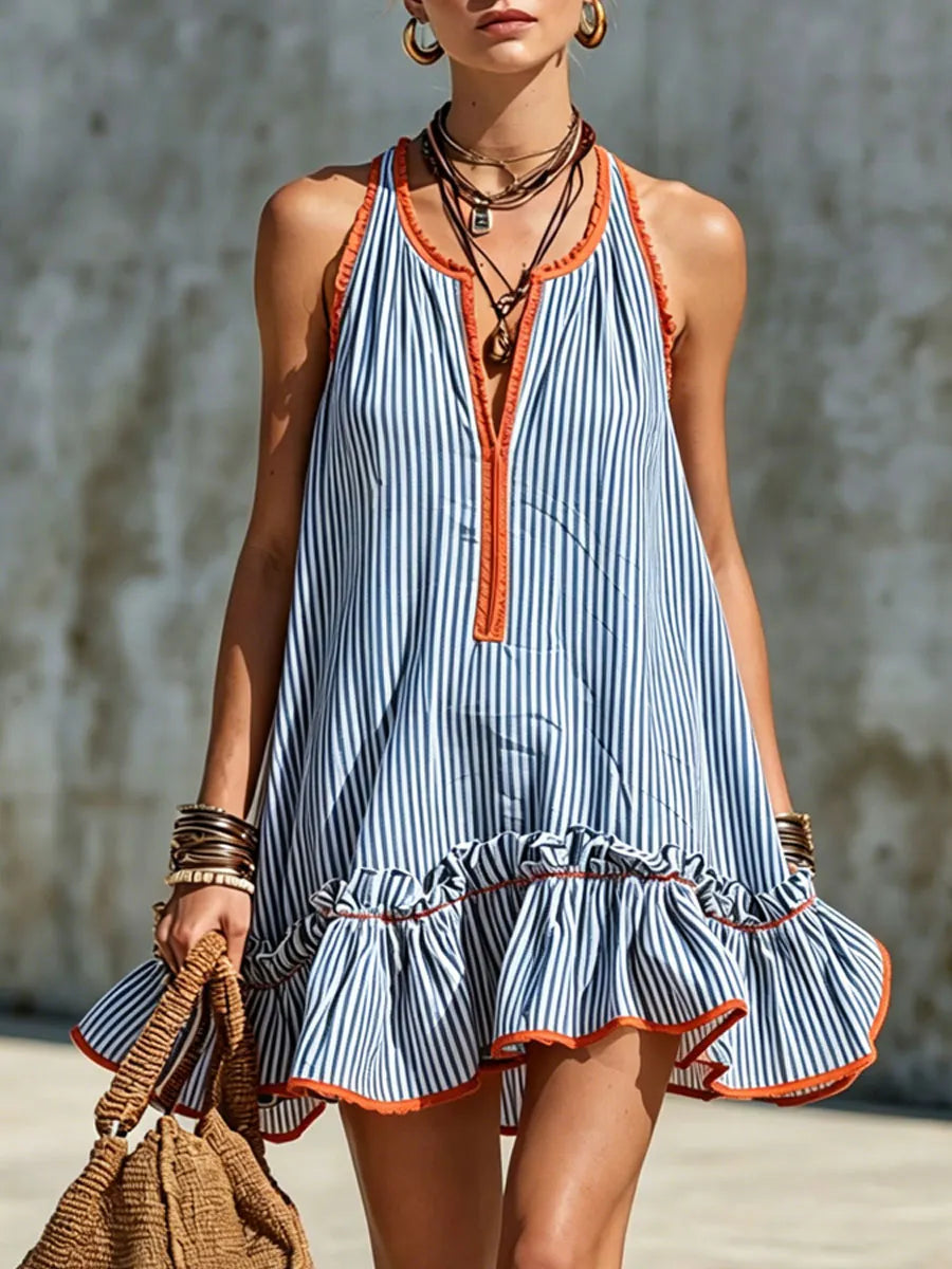 Casual Retro Ruffled Red And White Striped Cotton Linen Sleeveless Mini Dress