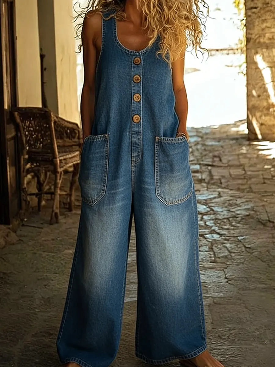 Women's Sleeveless Washed Cotton Denim Jumpsuit