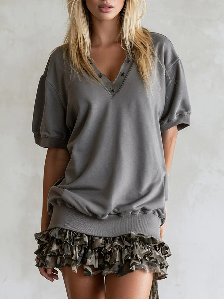 Stylish Casual Camo-Print Ruffled Grey Cotton Short-Sleeve Mini Dress