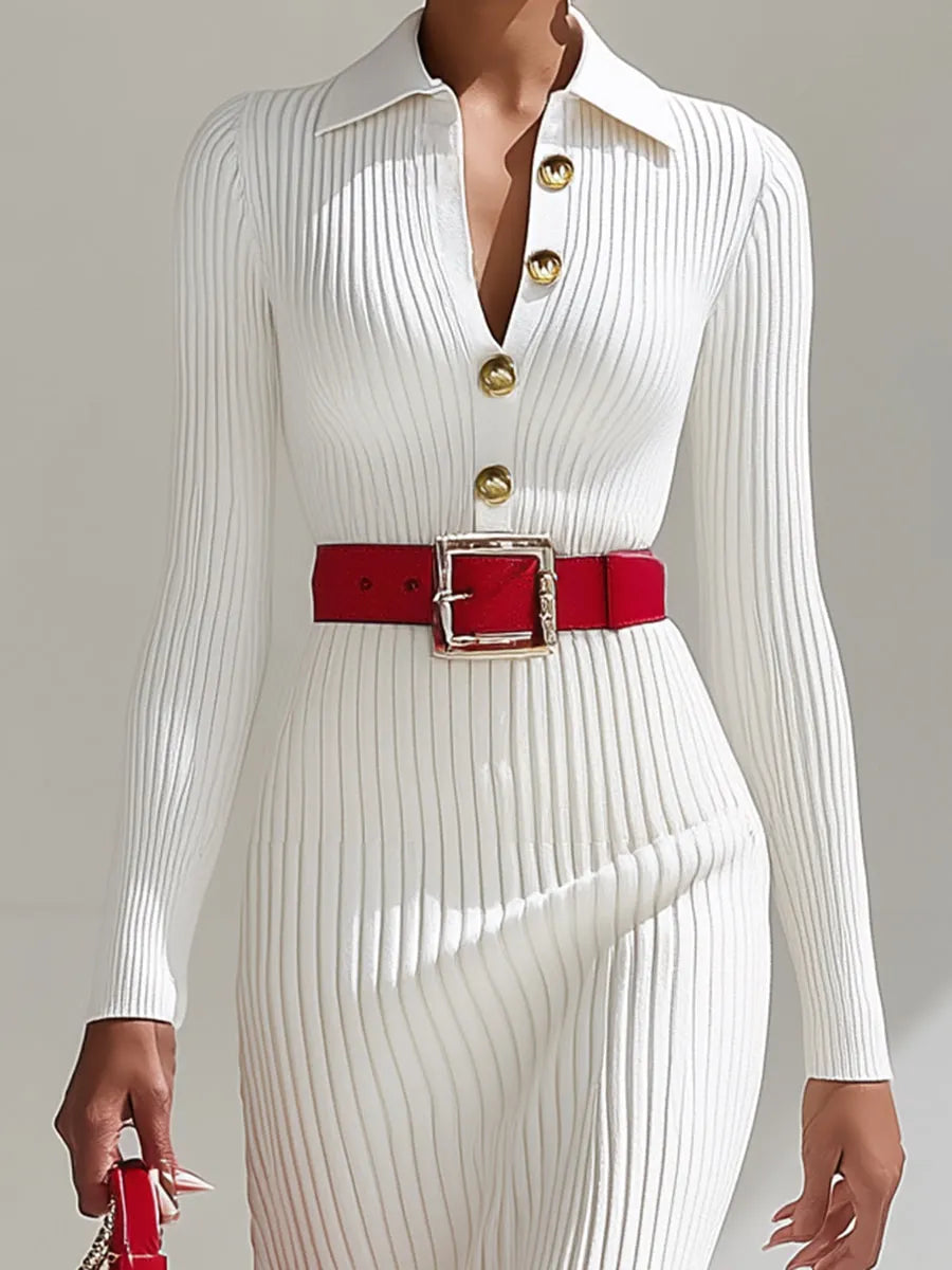 銆�24-hour shipping out銆慦hite Wool Lapel Button Design Maxi Dress