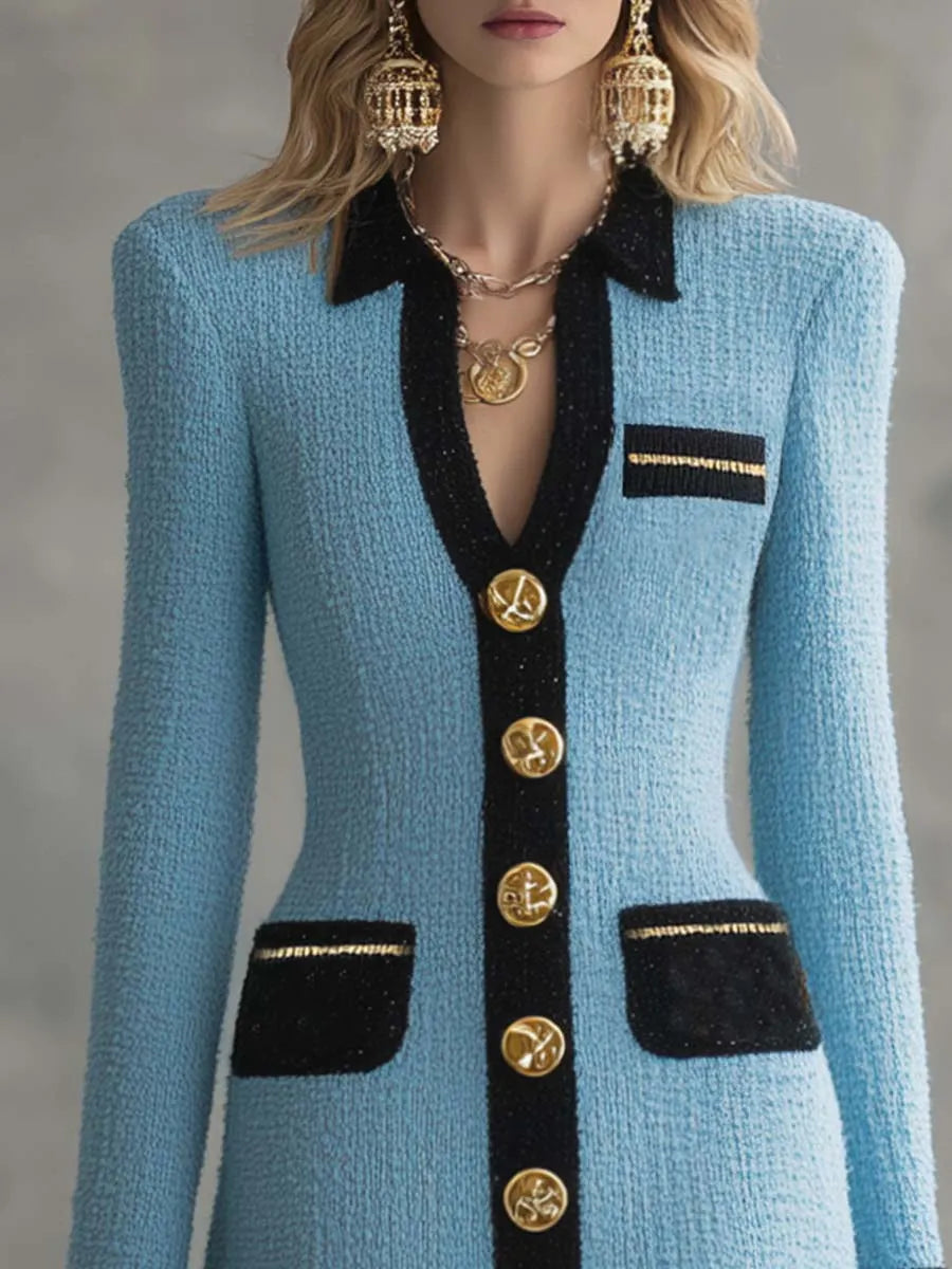Vintage Classic V-neck Front Metal Button Black Trim Sky Blue Tweed Mini Dress