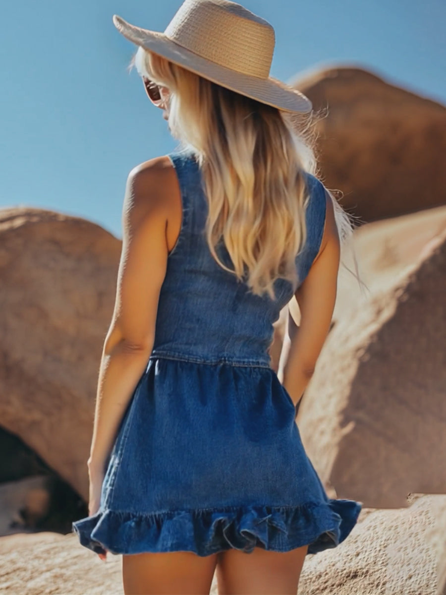 銆�24-hour shipping out銆慒ashionable Denim Ruffle Sleeveless Button Mini Dress