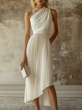 銆�24-hour shipping out銆慐legant High-end Evening Gown White Pleated Sleeveless Midi Dress
