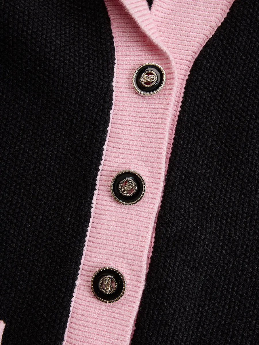 銆�24-hour shipping out銆態lack Contrast Pink Knitted Jacket And Skirt Set