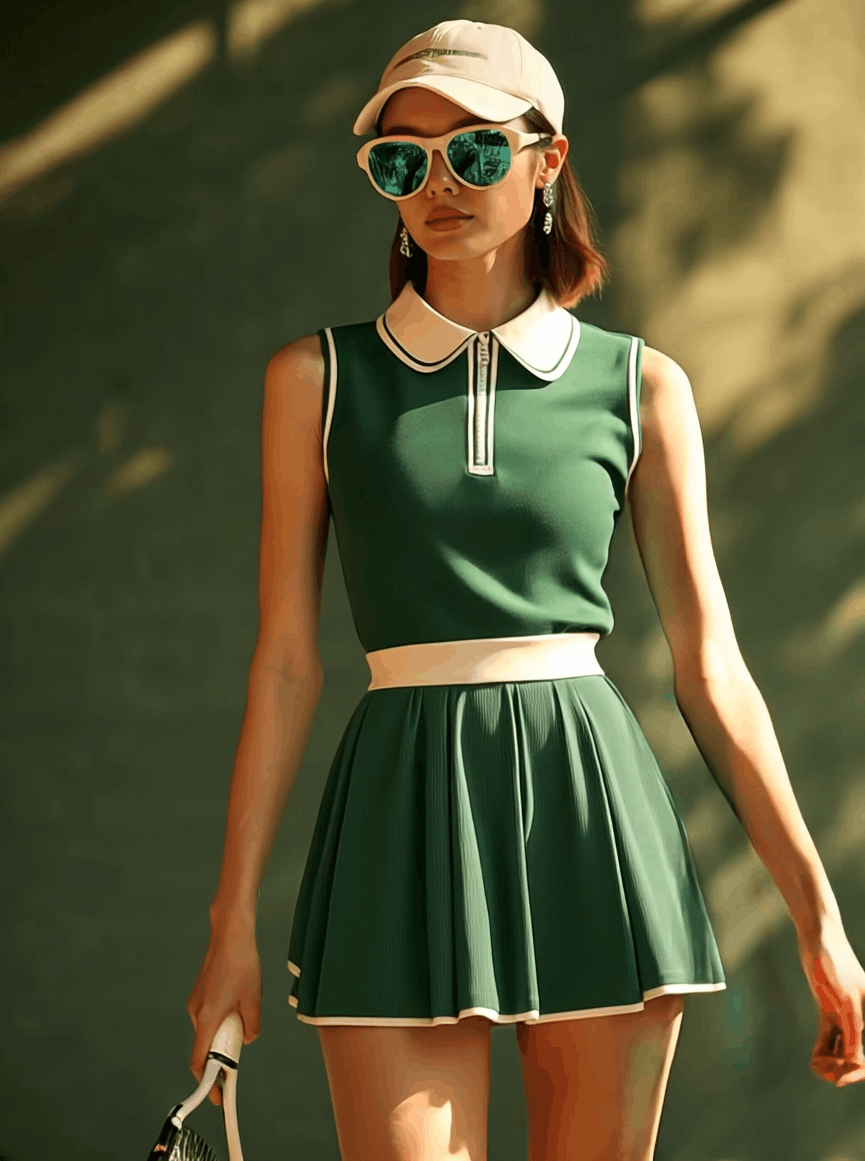 銆�24-hour shipping out銆慍asual Fashion Polo Neck White Trim Green Sleeveless Mini Dress