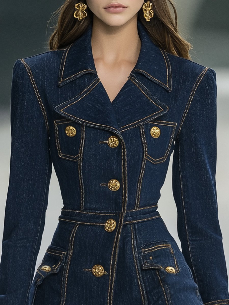 銆�24-hour shipping out銆慍lassic and Playful Large Lapel Ruffled Hem Waist Denim Mini Dress