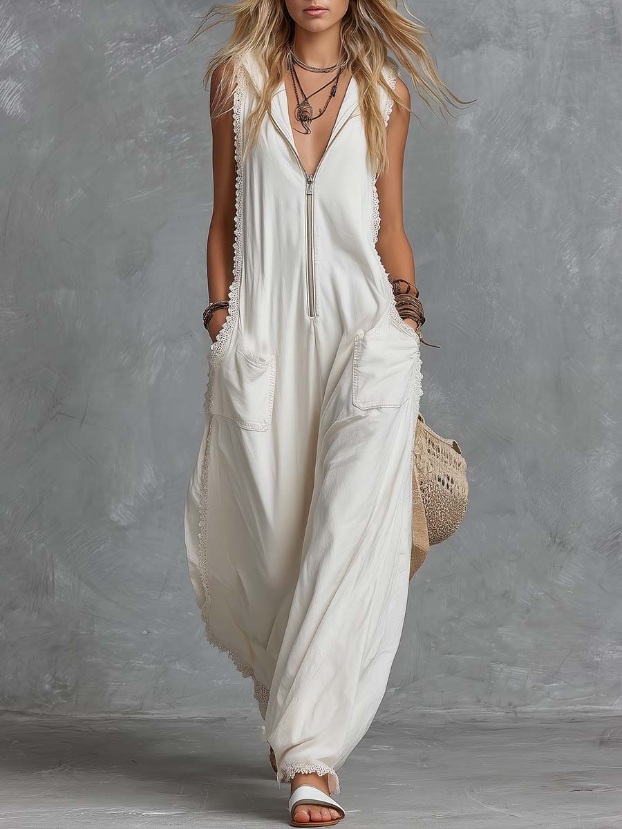 Vintage Casual Western Hooded V-neck Front Zip Lace Trim White Cotton Jumpsuit