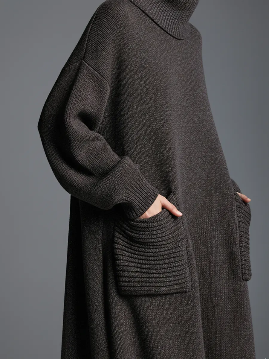 High-end Fashionable Loose Neckline Brown Knitted Maxi Dress