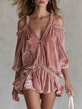 Fashionable Retro Pink Velvet Zip-up Jumpsuit Mini Dress