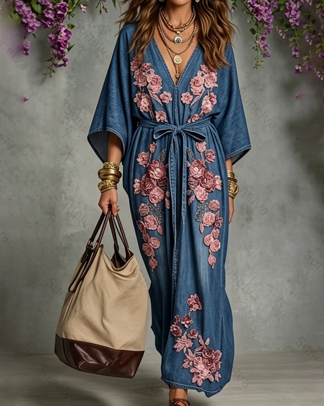 Women's Summer Pink Floral Embroidered Denim Dress 7052
