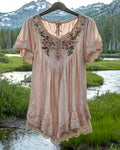Women's Summer Floral Embroidered Patchwork Linen Blouse 6988
