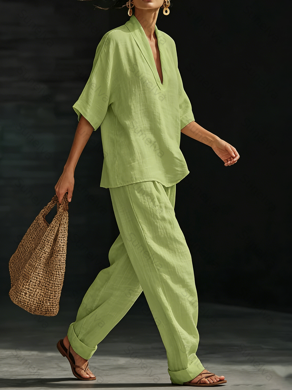 Casual And Cozy Minimalist Linen Two-piece Set 8539