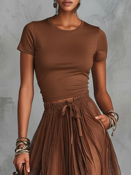 Stylish Stretch T-shirt And Lace-trimmed Skirt Two-piece Set 5823