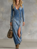 V-neck Single-breasted Side-slit Denim Long-sleeved Maxi Dress 9074