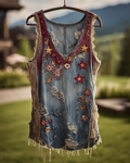 Spring/Summer Bohemian Style Color-Blocked Denim Linen Top1131